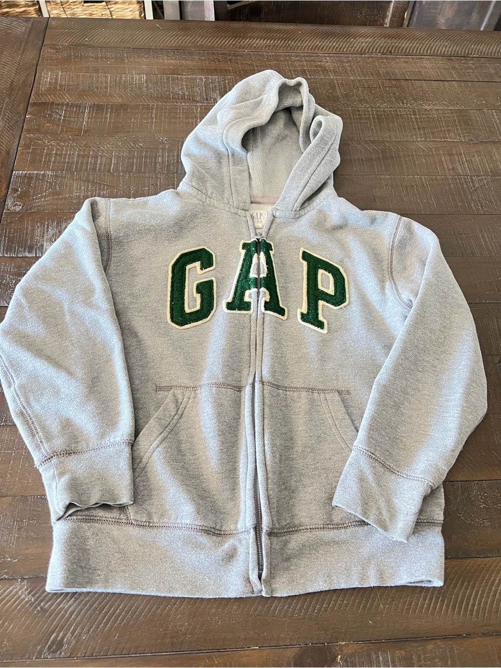 GAP Light Gray Hooded Zip Sweatshirt with Green Letters